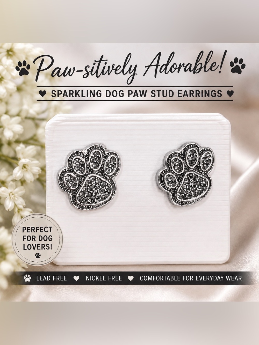 Sparkling Paw Stud Earrings - Lead & Nickel Free